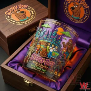 Scooby Doo anniversary glass inside a wooden display box with vibrant cartoon artwork and classic mystery theme!