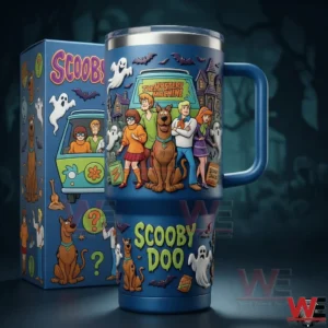 Scooby Doo themed tumbler with Mystery Machine character artwork handle clear lid and straw displayed beside a matching collector box!