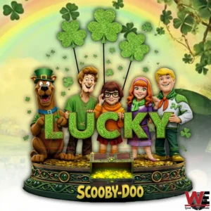 Scooby Doo building block set showing the full mystery team holding Lucky letters surrounded by shamrocks gold treasure and festive decorations!