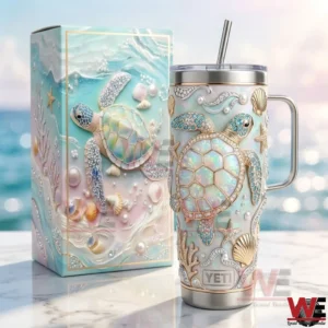 Decorated Yeti tumbler with sea turtle ocean theme and matching gift box!