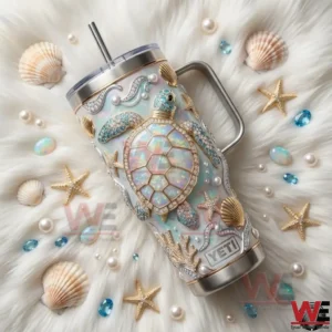 Sea turtle Yeti tumbler surrounded by starfish pearls and ocean themed decor!