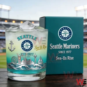 Seattle Mariners whiskey glass with ice logo sea themed artwork and matching presentation box in a baseball stadium!