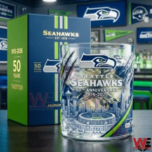 Seattle Seahawks anniversary glass shown with premium packaging featuring team branding city details and a commemorative football design!