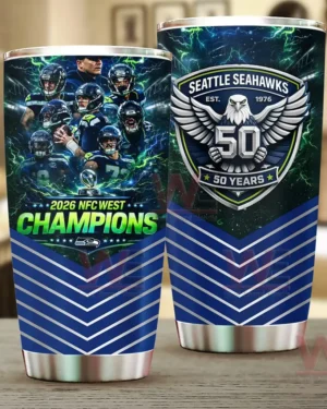 Seattle Seahawks fifty year anniversary champions tumbler with team graphics!