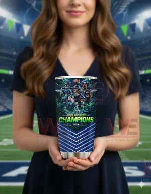 Woman holding Seattle Seahawks champions tumbler in a football stadium!