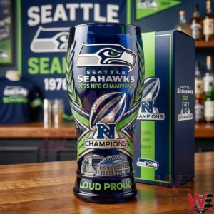Seattle Seahawks championship commemorative glass with logo trophy design and team colors displayed on a wooden surface!
