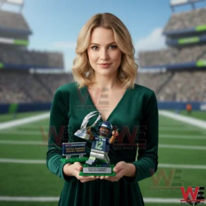 Woman holding a Seattle Seahawks collectible figure on a football field!