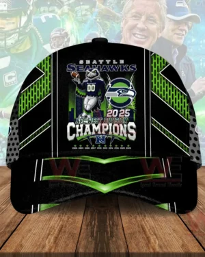 Black and green Seattle Seahawks cap with a two thousand twenty five NFC West Division Champions graphic and hawk mascot on the front panel!