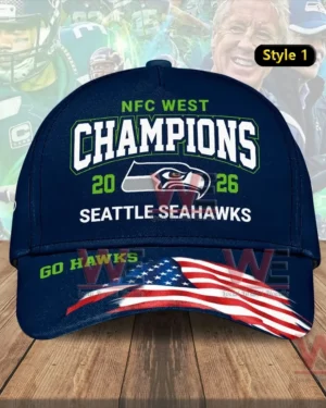 Seattle Seahawks 2025 NFC West Champions Classic Cap 5 Navy Seattle Seahawks NFC West Champions two thousand twenty six cap with an American flag brim and Go Hawks text!
