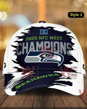Seattle Seahawks 2025 NFC West Champions Classic Cap 6 White and navy Seattle Seahawks cap with a two thousand twenty five NFC West Champions design and large team logo in a paint splash style!