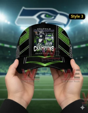 Seattle Seahawks 2025 NFC West Champions Classic Cap 7 Hands holding a black and green Seattle Seahawks two thousand twenty five NFC West Division Champions cap in front of a football stadium background!