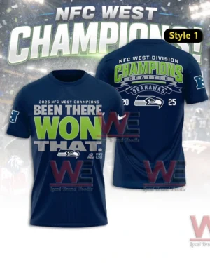 Navy Seattle Seahawks t shirt showing front text Been There Won That and back NFC West Division Champions Seattle Seahawks with team logo and 2025 graphic!