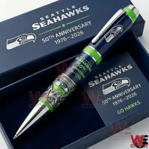 Seattle Seahawks fiftieth anniversary navy and green commemorative pen inside an open gift box with matching branded packaging and Go Hawks card!