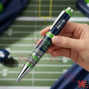 Seattle Seahawks 50th Anniversary Go Hawks Pen 3 Hand holding a navy and green Seattle Seahawks fiftieth anniversary commemorative pen with Seahawks logo and year range over a blurred football field!