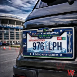 Rear of a vehicle showing a Washington license plate nine seven six L P H in a Seattle Seahawks themed frame with the words Legion of Boom and a Space Needle graphic.