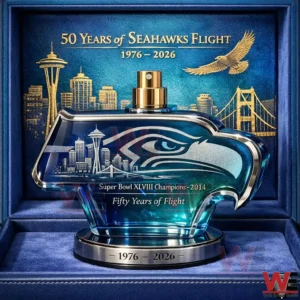 Seattle Seahawks fiftieth anniversary perfume bottle with hawk shaped glass city skyline design and luxury display case!