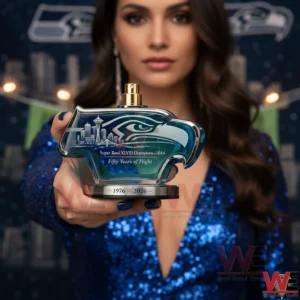 Seattle Seahawks 50th Anniversary Perfume Bottle 3 Woman holding a Seattle Seahawks fiftieth anniversary perfume bottle with hawk design in a stylish indoor setting!