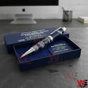 Seattle Seahawks commemorative pen in an open gift box displayed on a modern office desk!
