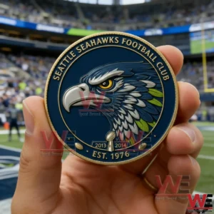 Seattle Seahawks 50th Anniversary Super Bowl XLVIII Champions 12th Man Coin 3 Hand holding a blue and gold Seattle Seahawks commemorative coin showing a hawk head emblem and est 1976 text with a blurred stadium crowd behind!