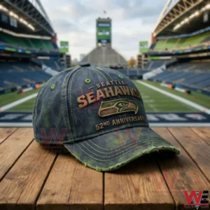 Baseball cap with embroidered team logo worn texture and curved brim placed on a table inside a large stadium!