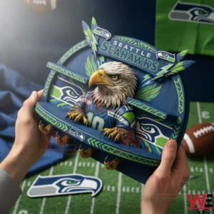 A decorative Seattle Seahawks themed wall key holder with an eagle figure in team colors featuring hooks for keys and a football inspired background!