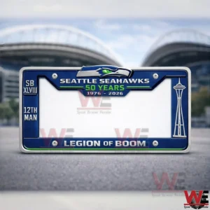 Football themed license plate frame placed on pavement with stadium architecture behind!