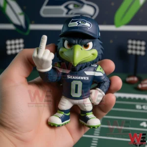 Seattle Seahawks mascot figure held in a hand showing a bold pose with team uniform and expressive design!