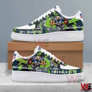 Side view of Seattle Seahawks emerald city themed sneakers with mascot and NFC champions text!