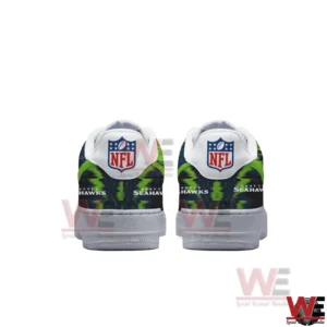 Back view of Seattle Seahawks sneakers with NFL logo and green blue design!