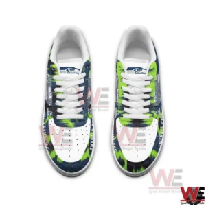 Top view of Seattle Seahawks themed sneakers with green blue and white colors!