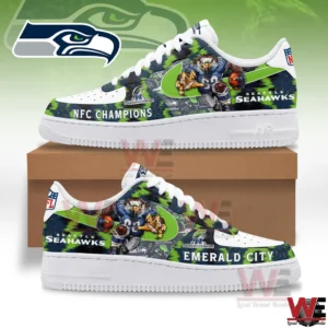 Seattle Seahawks emerald city sneakers displayed on box with team logo background!