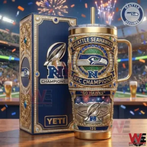 Seattle Seahawks championship tumbler and decorative box placed on a table with fireworks and a football stadium in the background!