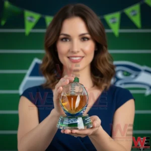 Woman holding a Seattle Seahawks themed football shaped whiskey bottle!