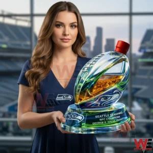 Seattle Seahawks NFC Champions Trophy Whiskey Bottle 8 Woman holding a Seahawks themed football shaped whiskey bottle in a stadium!