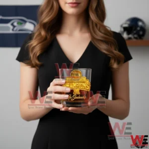 A woman presenting a clear whiskey glass featuring a gold Seattle Seahawks champions design held close to the camera in a professional studio setting!