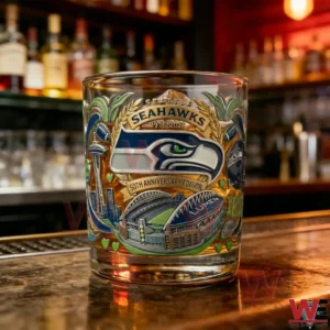 A Seattle Seahawks fiftieth anniversary whiskey glass with detailed artwork resting on a polished bar surface!