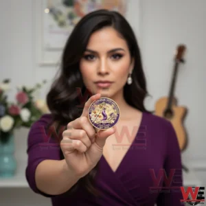 A woman holding a Selena Quintanilla commemorative coin with clear focus on the coin design and a soft indoor background!