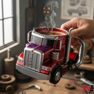 A red semi truck shaped coffee mug held in a hand with hot coffee inside and steam rising above the open top!