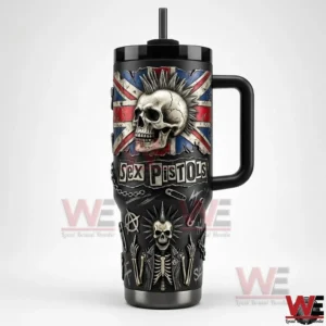 Black insulated tumbler with handle and straw showing punk skull artwork and bold graphic design!