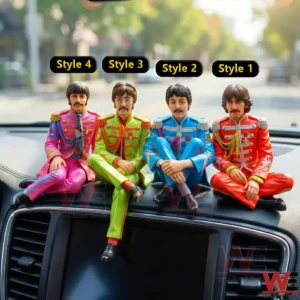 Four band member figurines in colorful uniforms sitting on a car dashboard with style labels above them and a blurred road background!