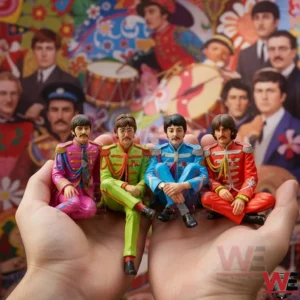 Hands holding four band member figurines in colorful uniforms with a vibrant mural of musicians in the background!