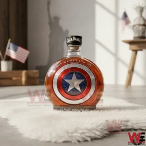 A patriotic commemorative whiskey bottle with a bold shield emblem in red white and blue standing on a soft surface in a bright studio environment with American themed decor in the background!