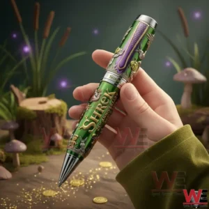 Hand holding a Shrek themed metal pen with fantasy character details in a magical forest scene!