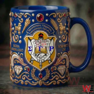 Close view of an ornate blue ceramic mug with gold designs gemstone accents and a Sigma Gamma Rho crest displayed prominently on the surface!