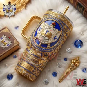 A top view of a Sigma Gamma Rho YETI tumbler placed on a decorative surface with scattered jewels and ceremonial elements!