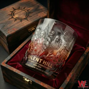 A Silent Hill anniversary whiskey glass with cinematic horror artwork presented in a wooden collector box!
