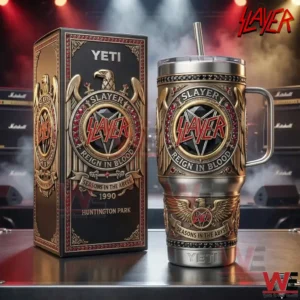 Metal tumbler with heavy metal inspired design ornate details and premium box displayed on a concert stage setting!