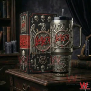 Metal themed handled tumbler with skull and occult symbols next to a matching collector box on a wooden table!