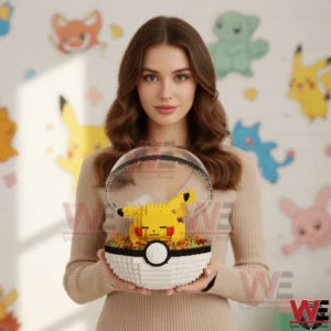 Pikachu brick figure sleeping inside a transparent pokeball display!