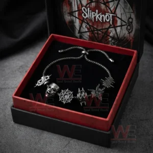 Gift boxed adjustable dark silver tone charm bracelet with skull geometric star and band themed charms inside a black and red box with Slipknot artwork.